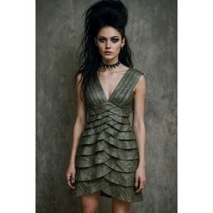 Cache Olive Green Tiered Ruffle V Neck‎ Sheath Dress Women Formal Cocktail Party